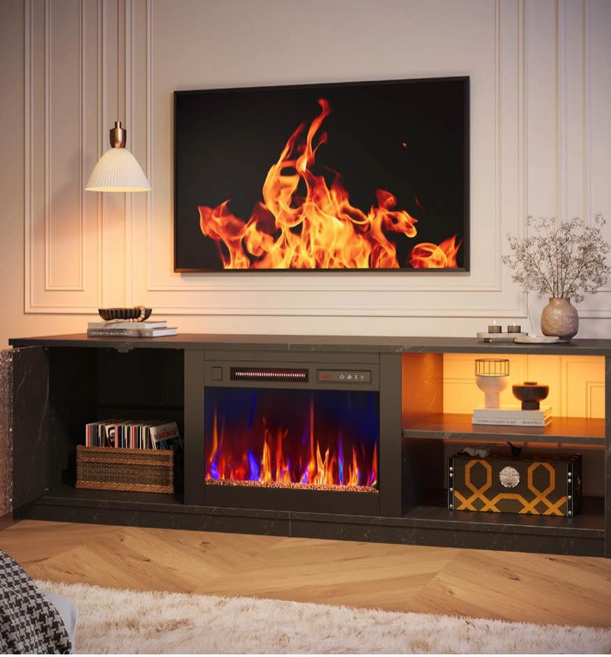 Pinmoco Electric Fireplace TV Stand for TVs up to 70", LED Entertainment Center With Cabinet & Shelves, TV Media Console Table for Living Room, Bedroom, Black Marble