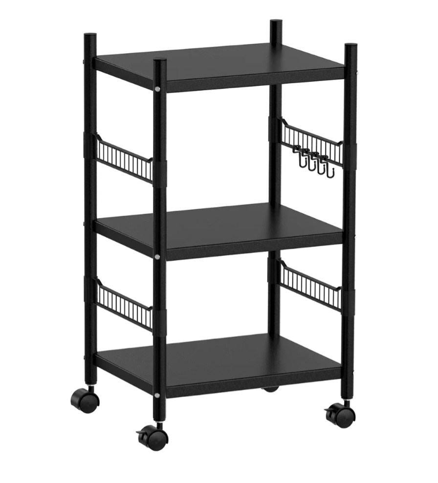 3-Tier Kitchen Rolling Cart, Utility Shelf Microwave Stand Storage Cart, Kitchen Baker's Rack with 4 Universal Wheels and 4 Removable Hooks, Workstation Shelf 3-Tier Kitchen