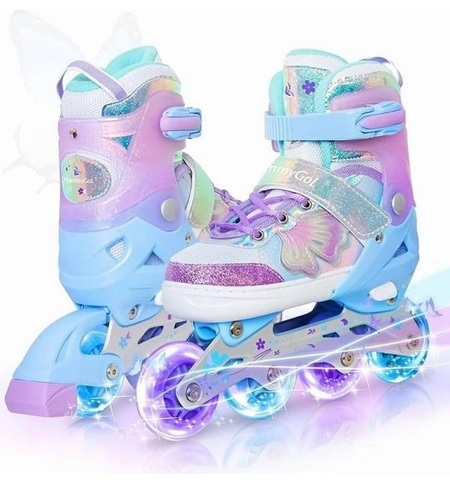 MammyGol Adjustable Inline Skates for Kids - Butterfly Design Youth Roller Skates with Safety Brake, Breathable Liner(Purple, Sizes 5-8 Adjustable)
