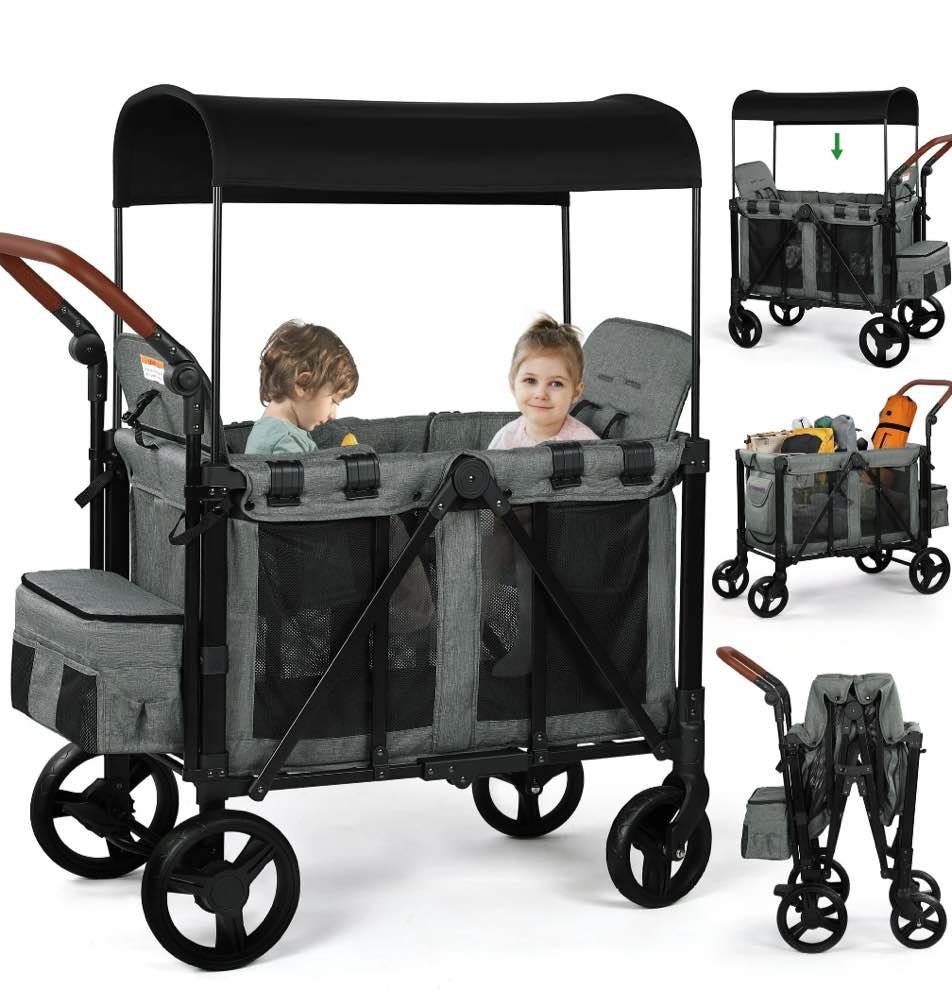 Vomeast Wagon Stroller for 2 Kids, 3-in-1 Stroller Wagon with Canopy, 5-Point Harness, Adjustable Handlebars, Removable Seat for Toddlers, Grey