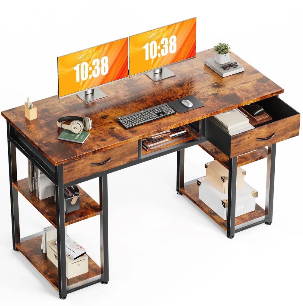 concetta 48 inch small desk with fabric drawers & storage shelves, computer desk, writing desk for home office, bedroom, rust brown