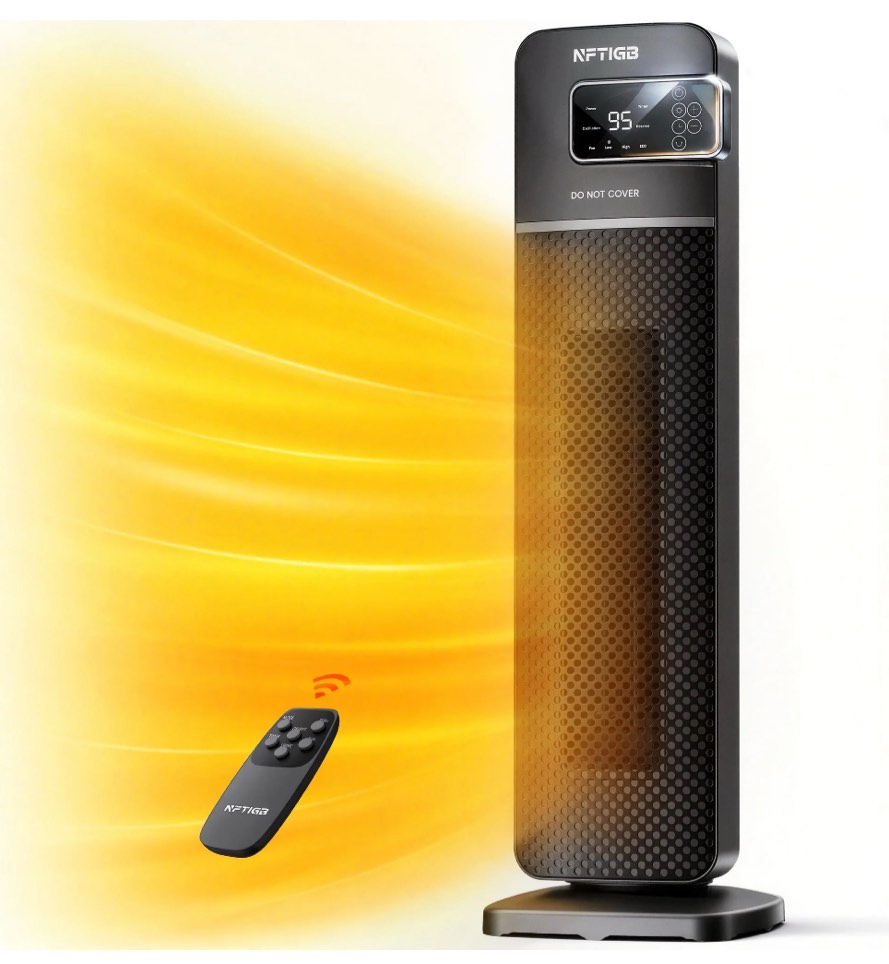 nftigb 24" tower heater, 1500w ptc ceramic electric space heater with digital thermostat, remote, 70° oscillation, eco mode and safety tip-over protection, gray