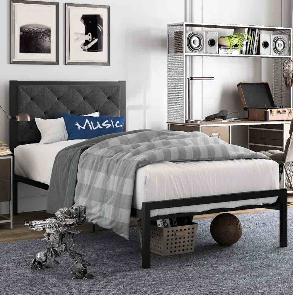 amolife twin size metal bed frame with upholstered headboard  dark gray