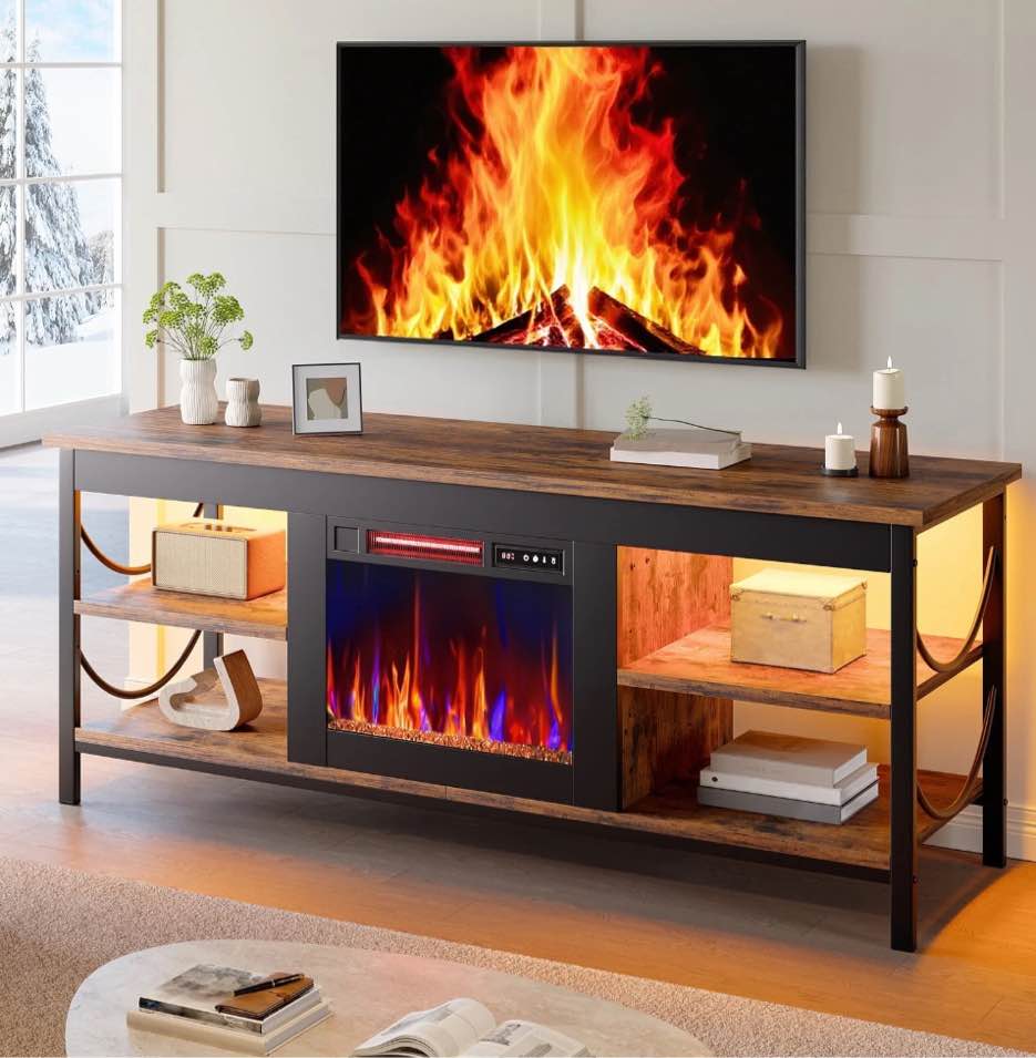 pinmoco electric fireplace tv stand for tvs up to 65", gaming led entertainment center with open storage shelves for living room, bedroom, rustic