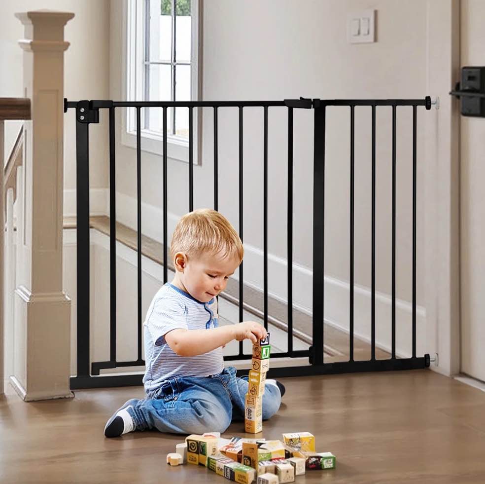 29.5"-43.3" caveen extra wide safety baby gate for stairs doorways, top of stairs, black