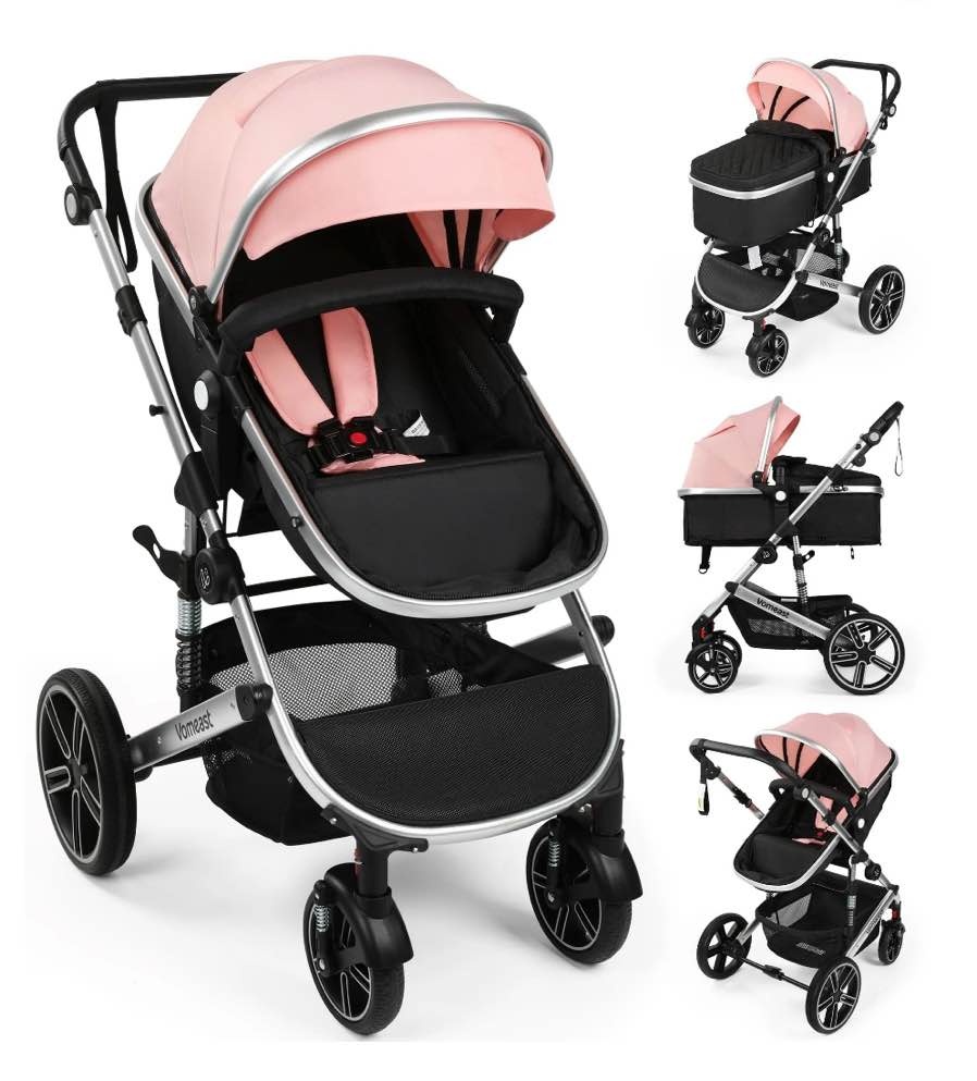 vomeast baby stroller, foldable aluminum alloy stroller with reversible, travel stroller for newborn infant, pink & black