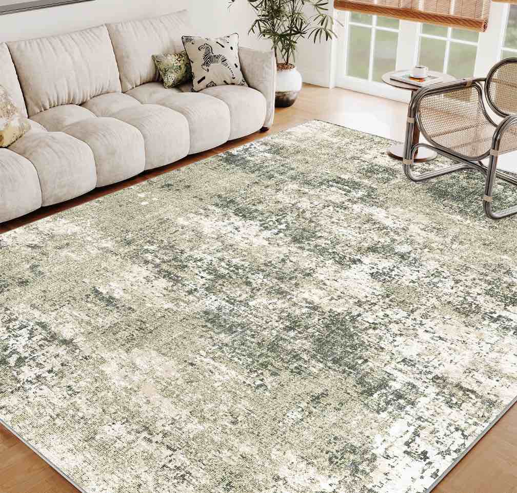BERTHMEER 8 x10  Large Abstract Area Rugs for Living Room Bedroom Dining Room Office Farmhouse Modern Contemporary Distressed Machine Washable Non-slip  Green