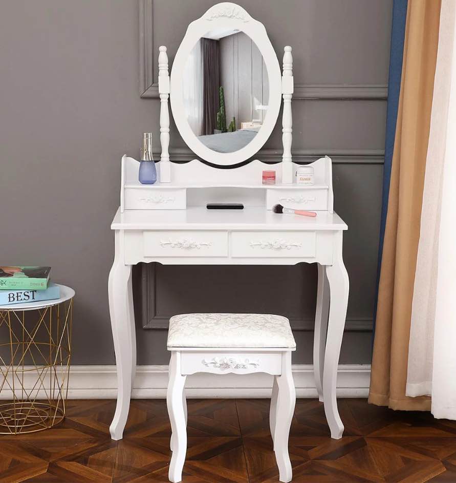 Ktaxon Elegance White Dressing Table Vanity Table and Stool Set Wood Makeup Desk with 4 Drawers & Mirror