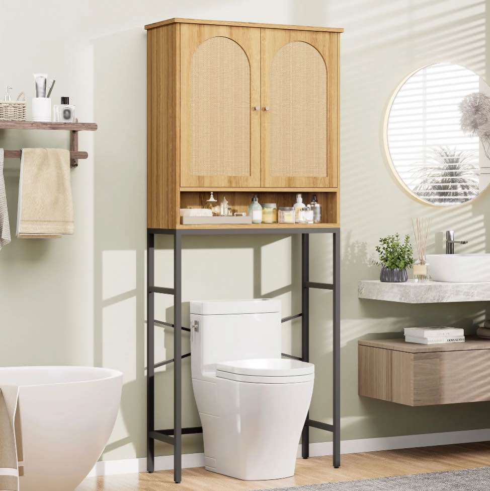 VEANERWOOD Rattan Toilet Storage Cabinet, Over The Rack Wood Cabinet with Metal Stand, Bathroom Small Cupboard, Natural