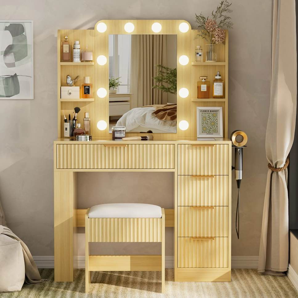 Yeahumalia Vanity Desk Set with Mirror and Lights, Makeup Table with Charging Station and Chair, Wood Color