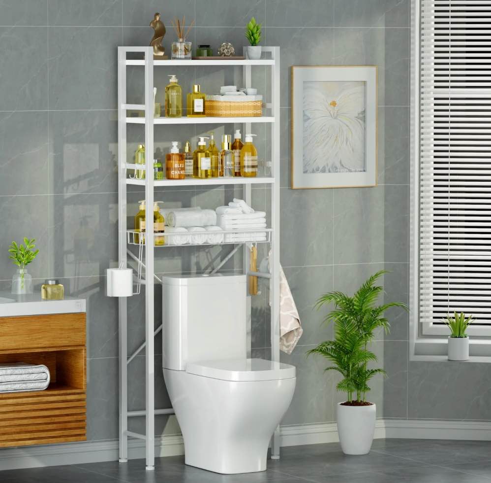 capri over the toilet storage shelf, 4-tier freestanding bathroom organizers and storage, above toilet space saver rack with adjustable shelves, toilet paper holder and 3-hooks, white