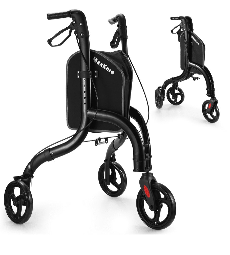 maxkare 3-wheel walker for seniors foldable rollator walker with 8'' wheel lightweight, 300lbs weight capacity, height adjustable, black