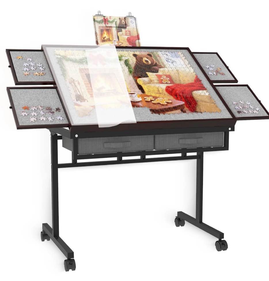 Jigsaw Puzzle Table 1500 Pieces with Drawer and Legs, Five Tilt Angle Adjustable, Portable Puzzle Table for Adults with Protective Cover