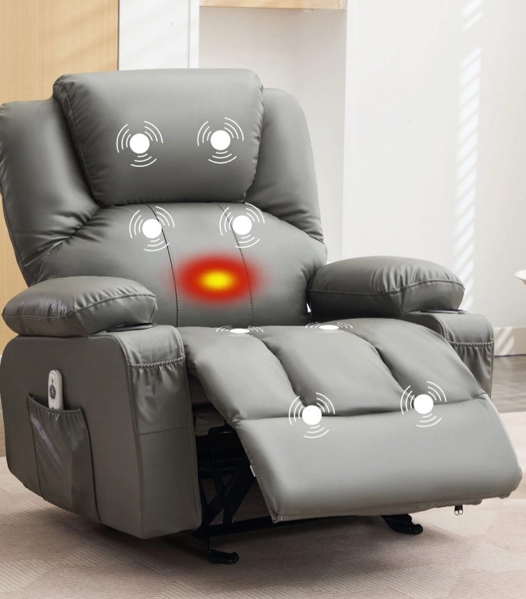 JONPONY Manual Recliner Chair with Heat Therapy and Massage Function, Heavy Duty Reclining Mechanism Massage Chair, Elderly Single Rocker Sofa with Cup Holders for Bedroom Home Theater,Grey