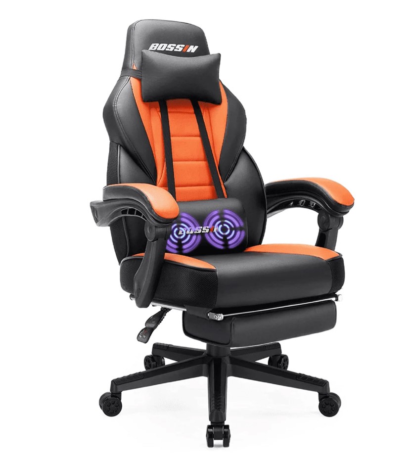 Bossin Gaming Chairs with Footrest, Massage Leather Game Chair for Adults, Big and Tall Gamer Chair with Headrest and Lumbar Support