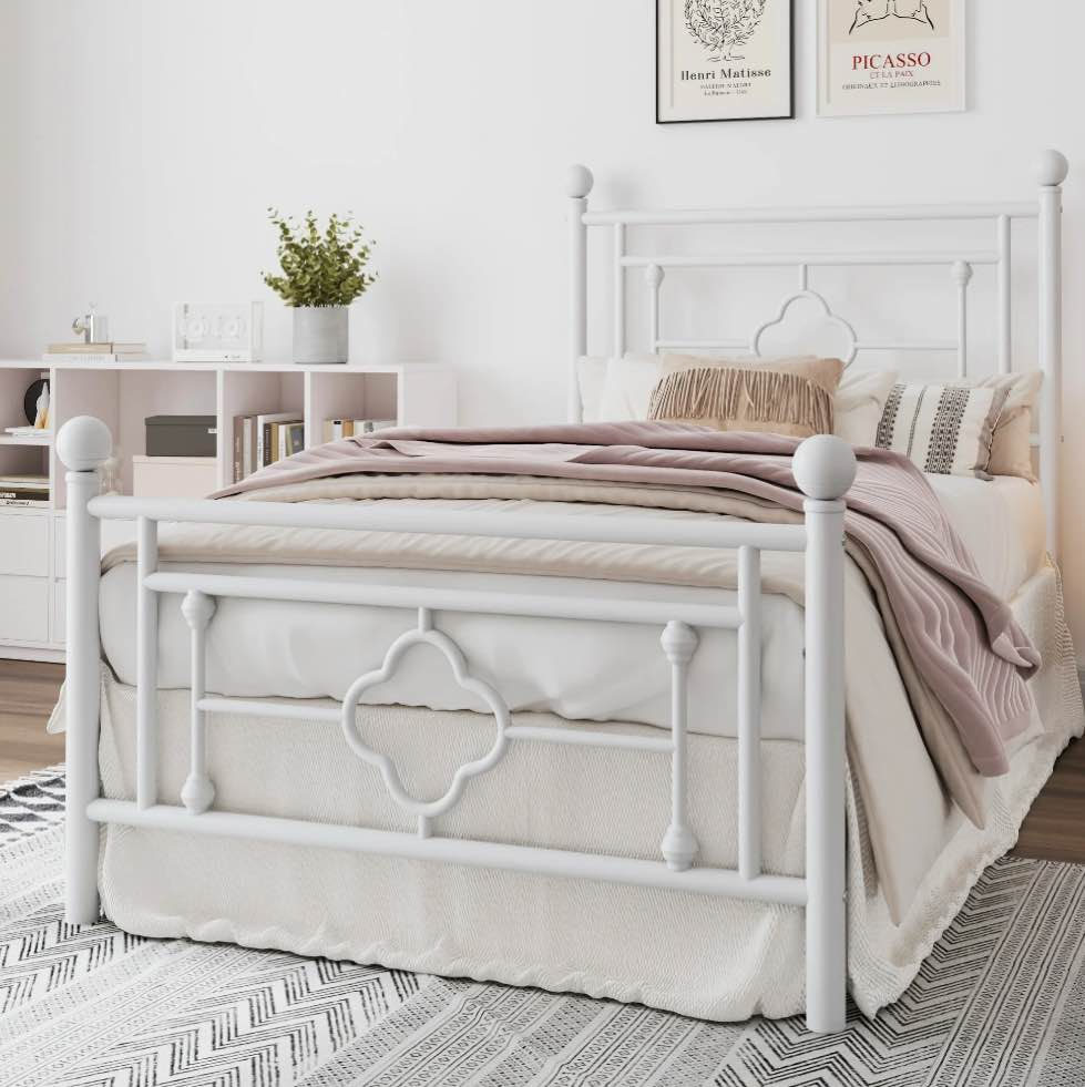Amolife Twin Size Metal Platform Bed Frame with Vintage Cross Pattern Headboard&Footboard, White