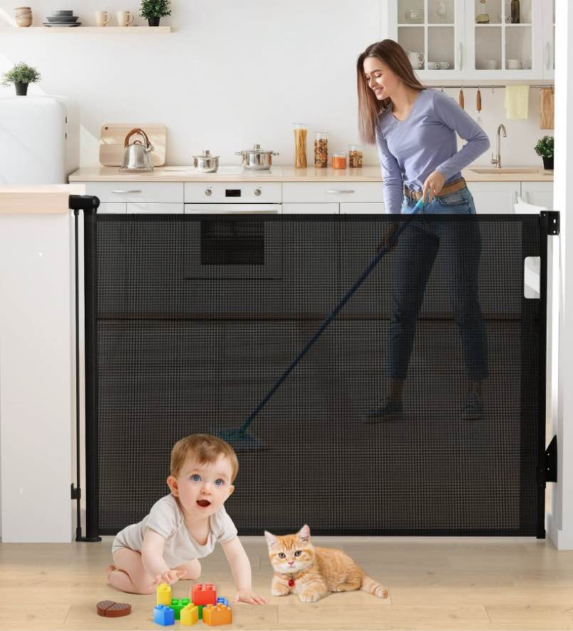 Vomeast Retractable Gates,Extends up to 55in Wide Baby Safety Gates Dog Gate for Doorways Stairs Hallways(Black)