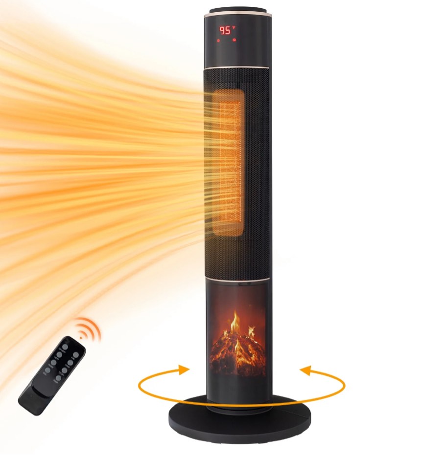 Ktaxon 33" Tower Space Heater with 3D Flame, 1500W Portable Electric Heater with Thermostat, 60° Oscillation, Timer, Remote Control, for Indoor Bedroom Office Home, Black