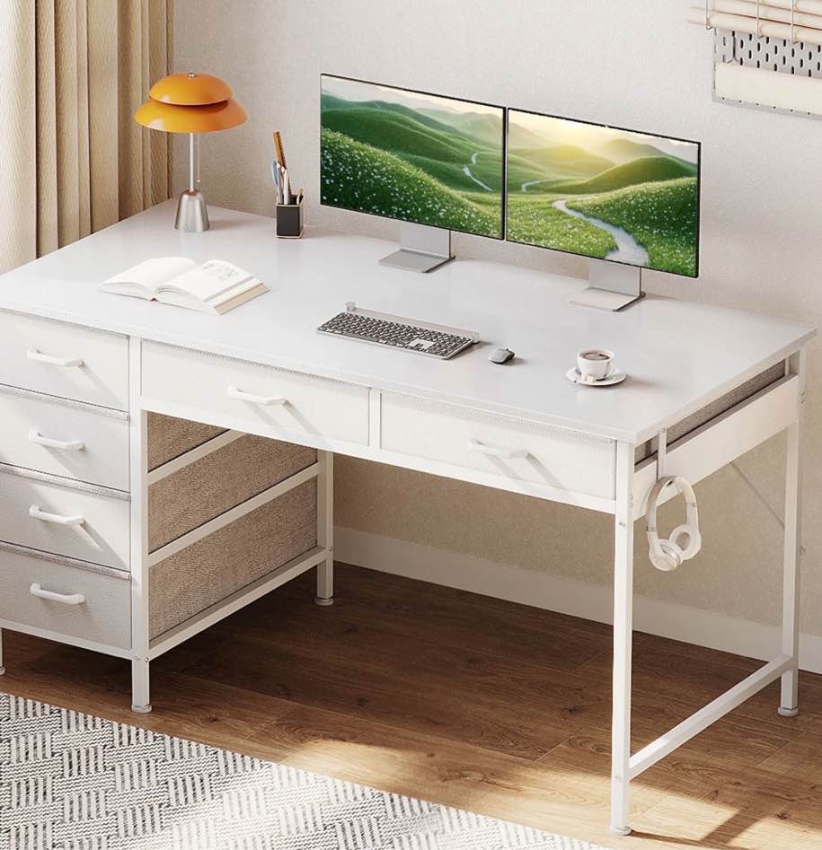 Casacomoda 48" Home Office Desk with 6 Drawers, Modern Computer Desk with Small Space, Corner Computer Desk, Pure White
