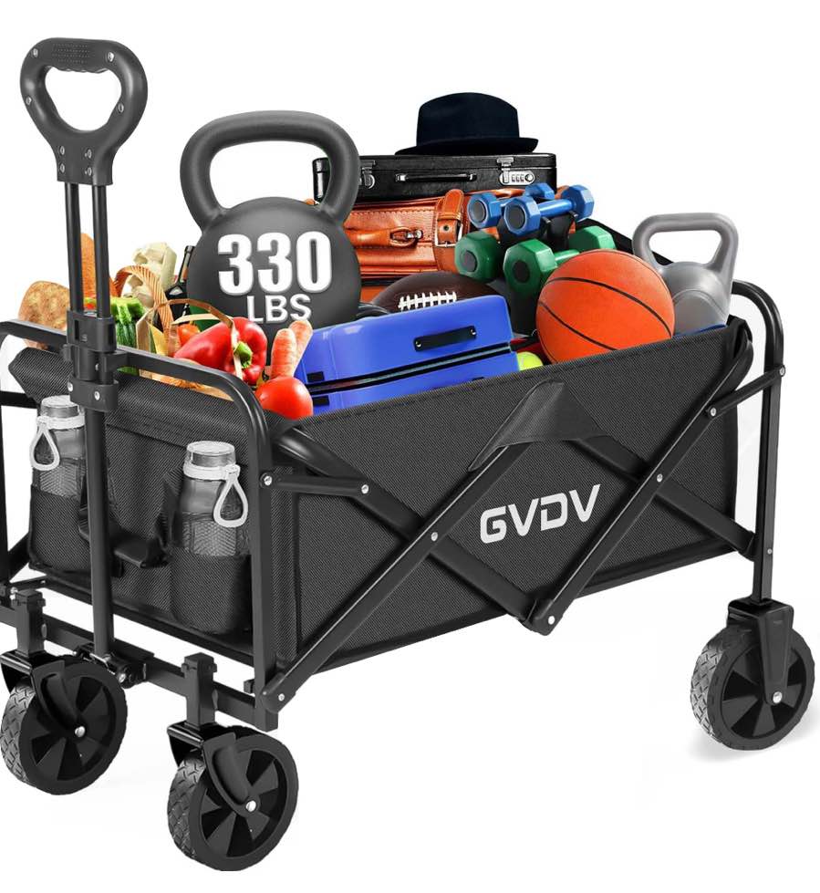 GVDV Collapsible Wagon Cart, Portable Utility Wagon for Camping, Beach, Picnic, Shopping, Sports, and Grocery Transport, Black