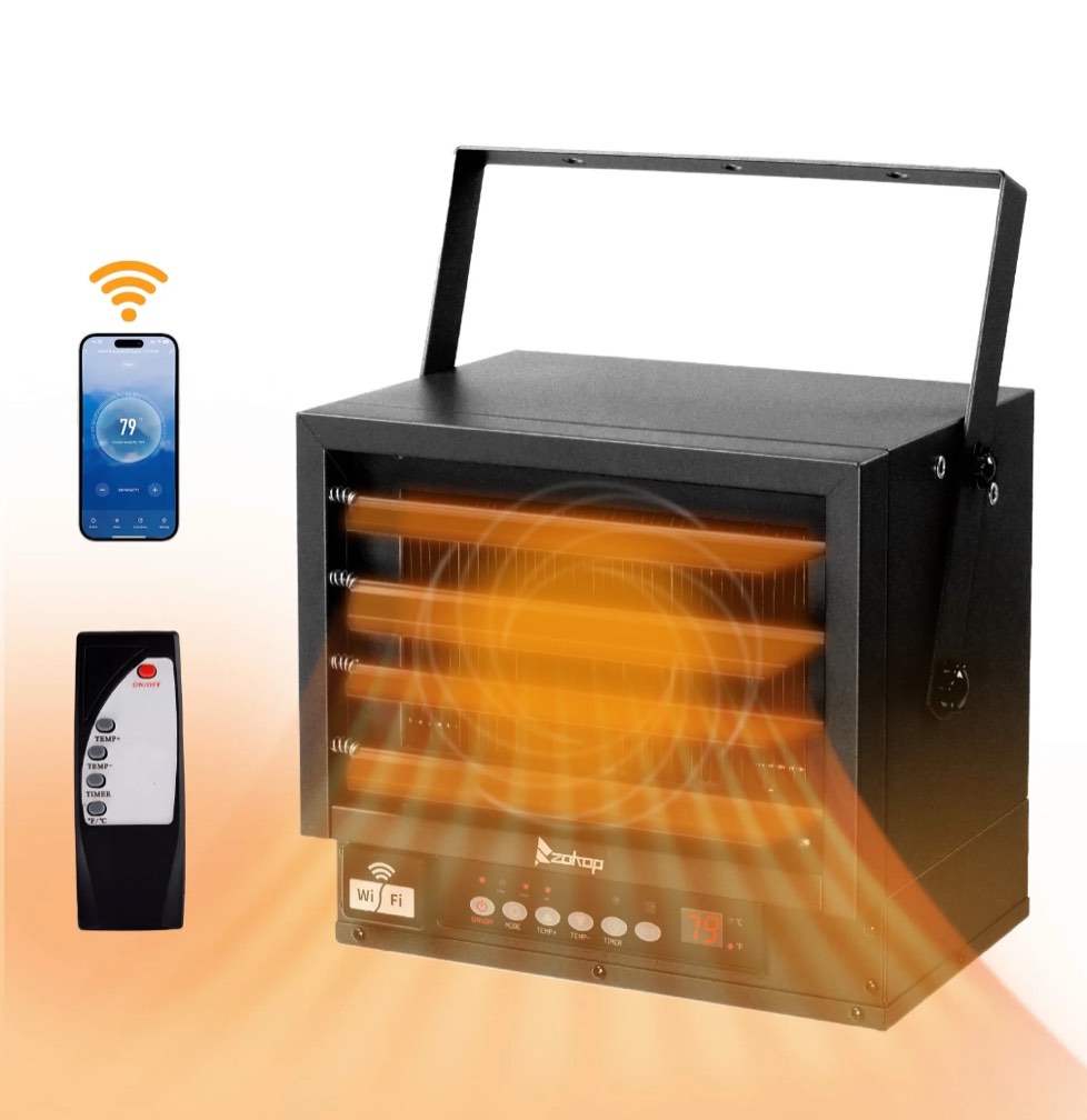 ktaxon wifi smart electric garage heater, 7500w ceiling mount space heater, 240-volt hard-wired heater fan-forced shop heater with digital thermostat, 12h timer, remote control, black