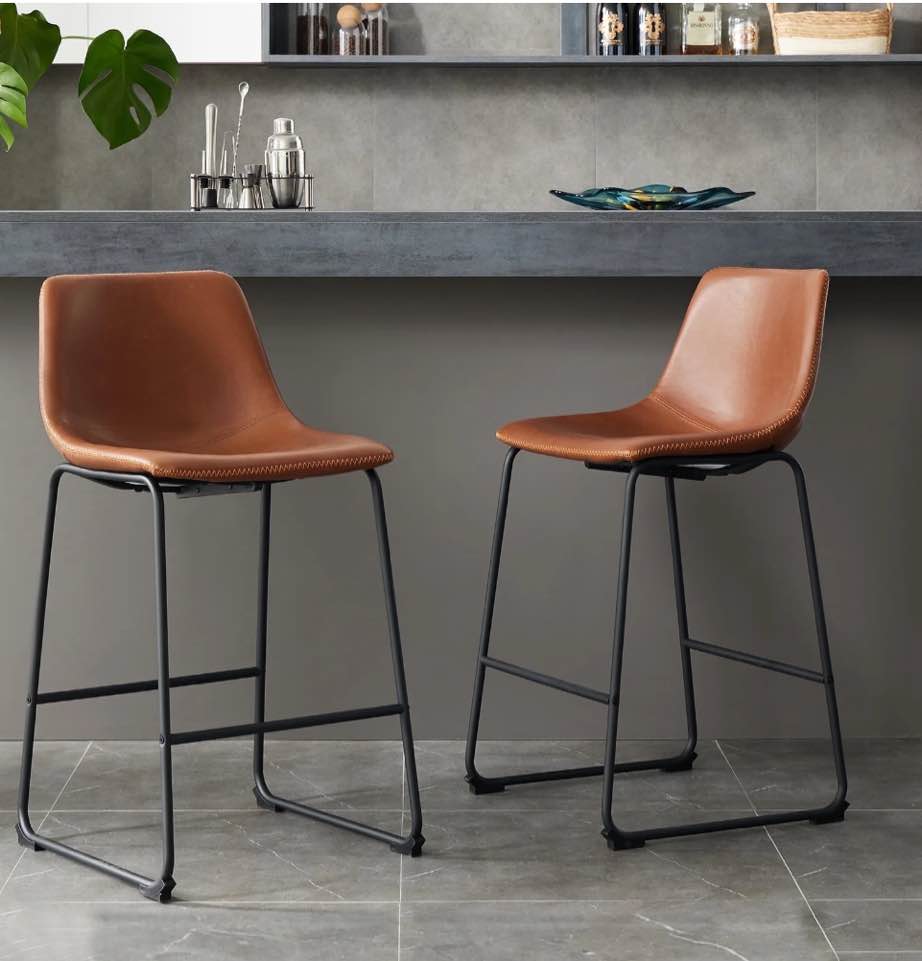 concetta bar stools set of 2, counter height bar stools with back, 26 inch armless industrial faux leather barstools with metal legs and footrest for home office kitchen