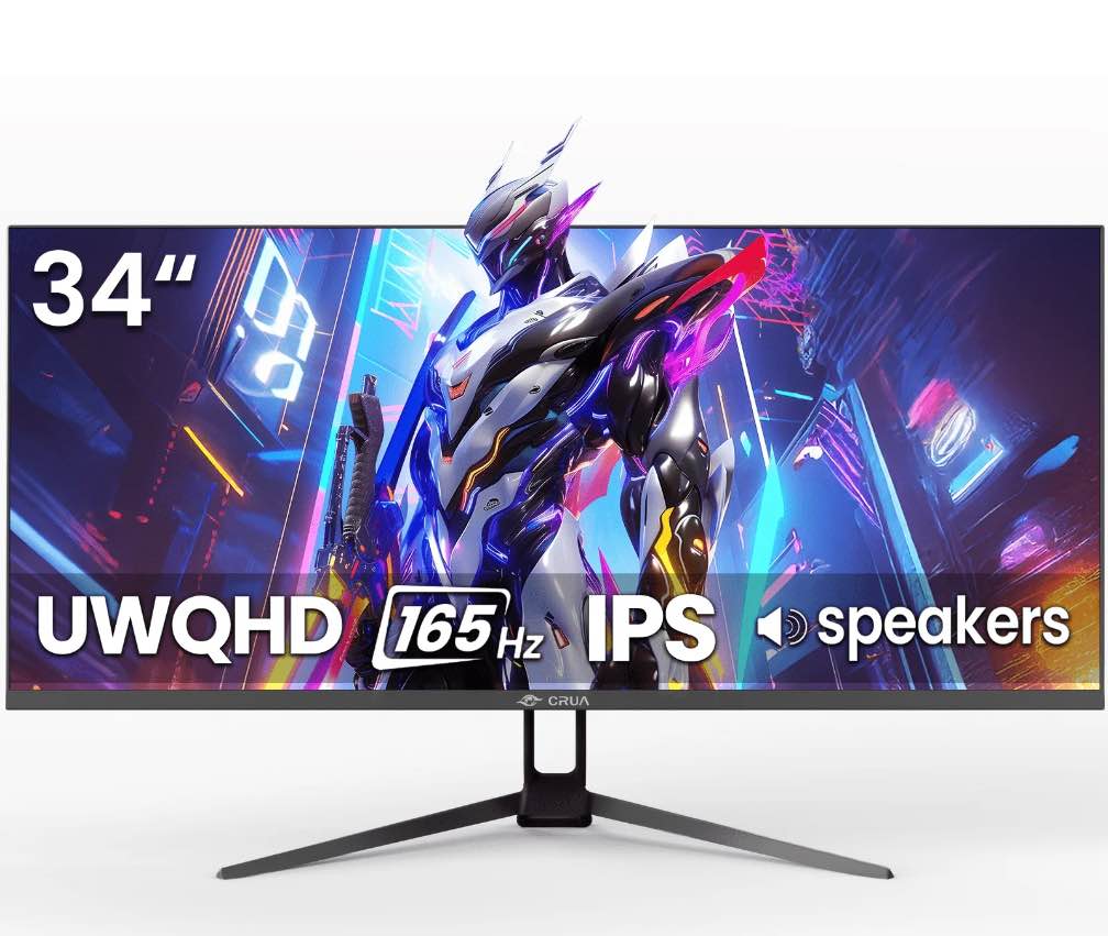 CRUA 34 Inch 165Hz UWQHD IPS Utrawide Gaming Monitor,3440x1440,21:9, Built-in Speakers,120 sRGB,HDMI/DP,Wall Mountable-Black