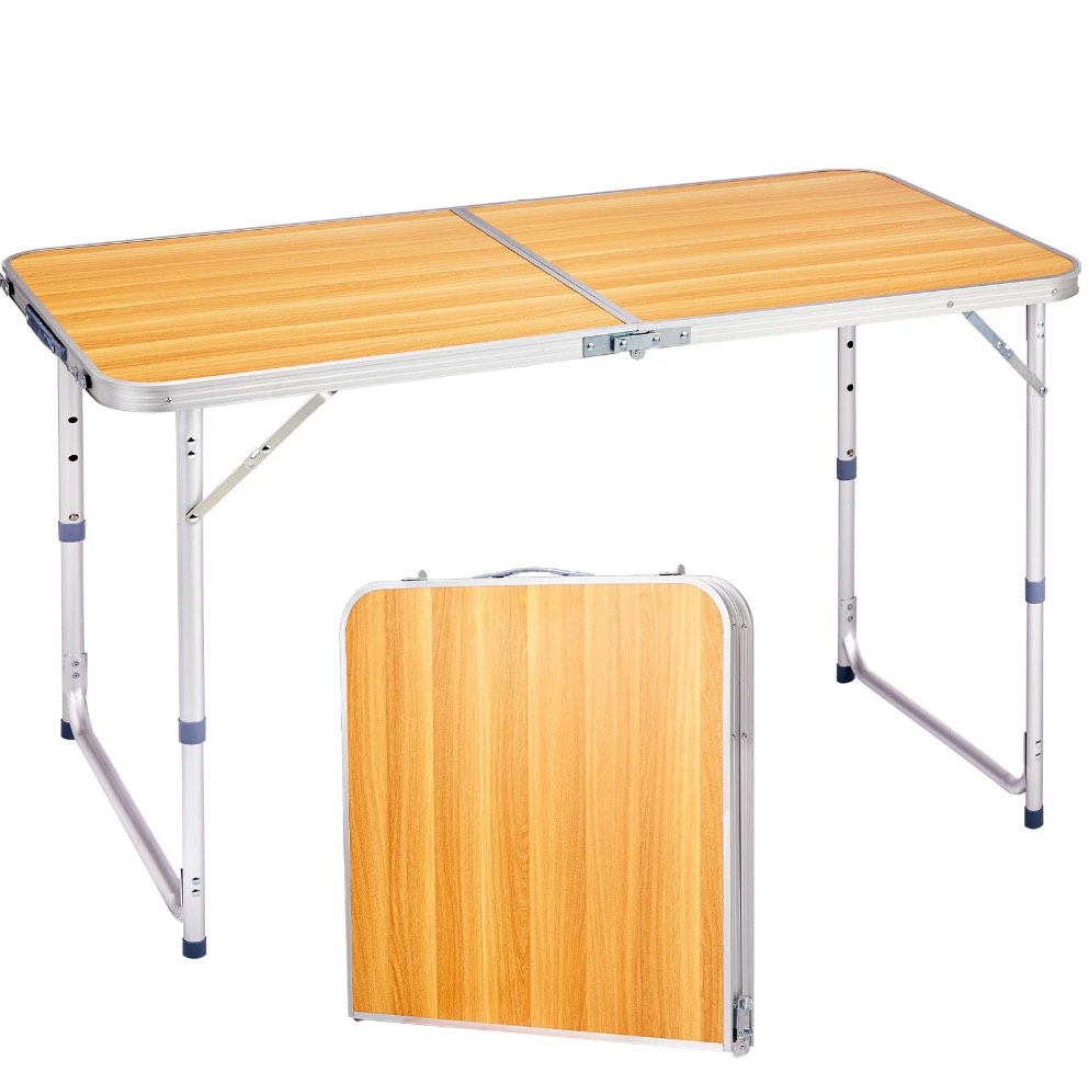 Ktaxon 4' Outdoor Portable Aluminum Camping Picnic Table, 3-Level Adjustable Height Metal Folding Dining Table, Use for Camping Party Wedding Garden Commercial Entertaining Events, Woodgrain