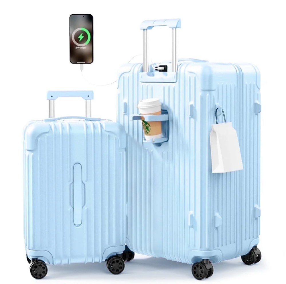 2 Piece Luggage Sets(20&28 ) PC+ABS Hardside Carry On Suitcase with USB Charging Port Spinner Wheels TSA Lock HazeBlue