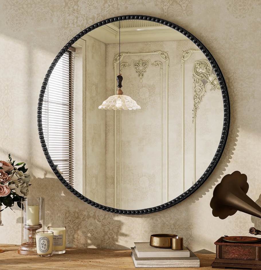 beautypeak 24" round bathroom mirror vanity mirror wall mounted with beaded frame,black