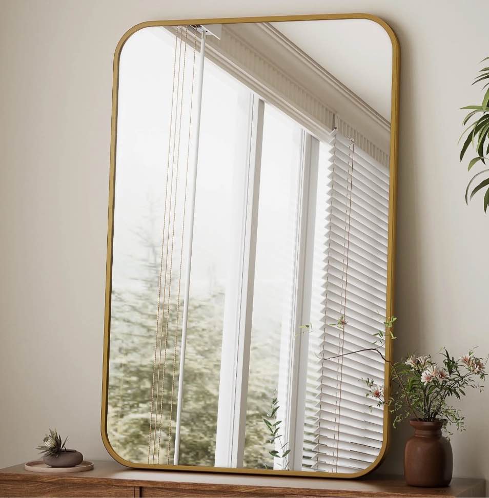 beautypeak 24"x36" wall mirror rounded corners hanging vanity mirror gold