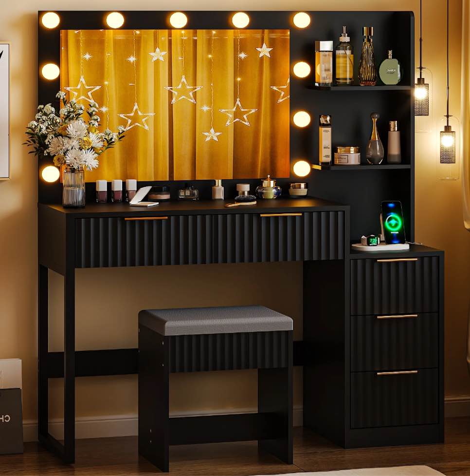 ktaxon flutted makeup vanity table set with 5 drawer, dressing table w/charging station, vanity desk for femal gift, black