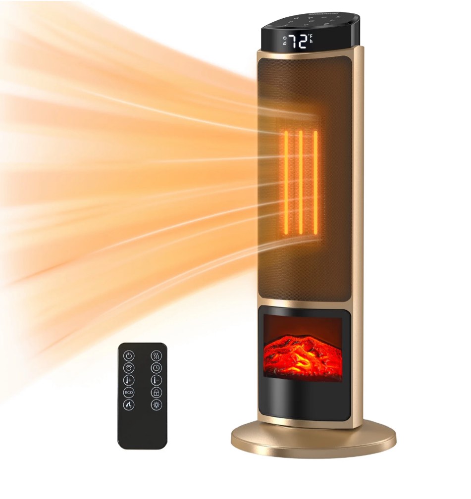 concetta tower space heater with fireplace effect – oscillating function, remote control, 1500w heating