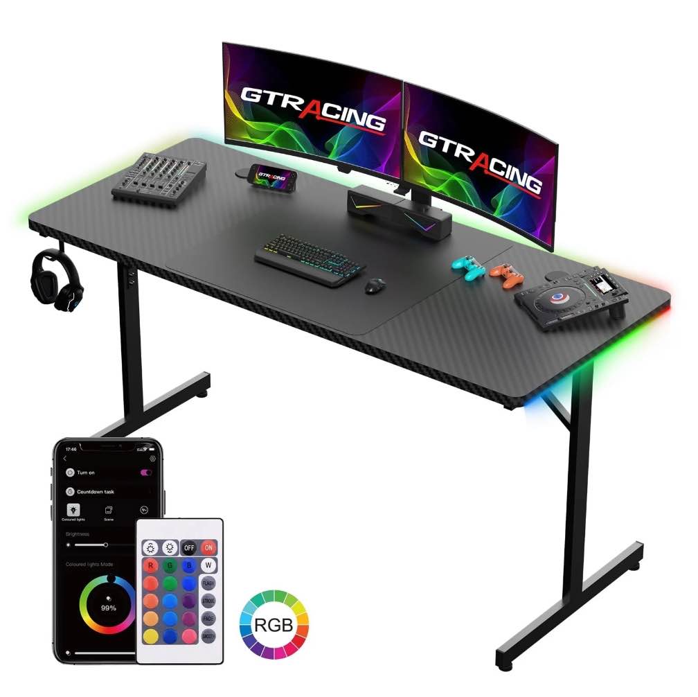 gtracing 55" large rgb sturdy gaming desk with mouse pad t-shaped office chair computer desk spacious work surface table, black