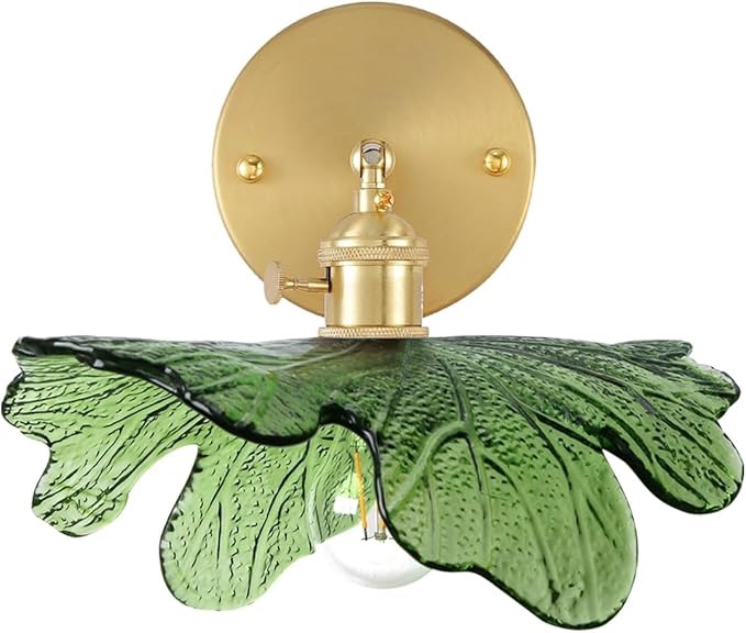 Qufute Flower Vanity Lights for Bathroom Mid Century Modern Wall Sconce Light Fixture Green Glass Shade 90 Degree Adjustable Gold Sconce Hardwired Vintage Wall Lighting for Over Mirror (Green)