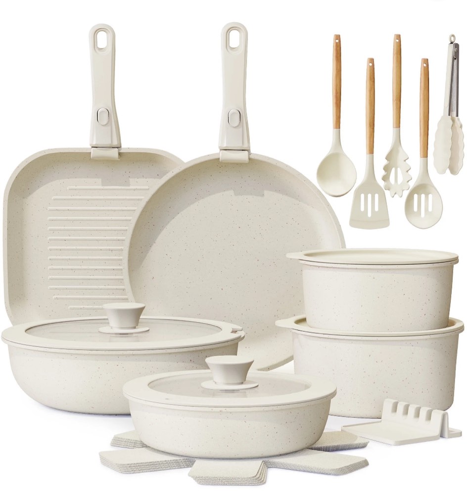 astercook 12 piece pots and pans set non stick, cookware set with detachable handles, oven safe, induction ready, stackable rv kitchen cooking set, cream white