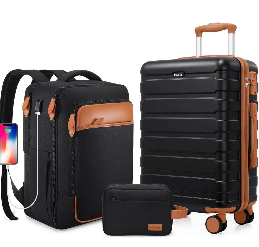 miusse carry on luggage set 3 piece hard shell luggage sets with spinner wheels tsa lock carry on with backpack set