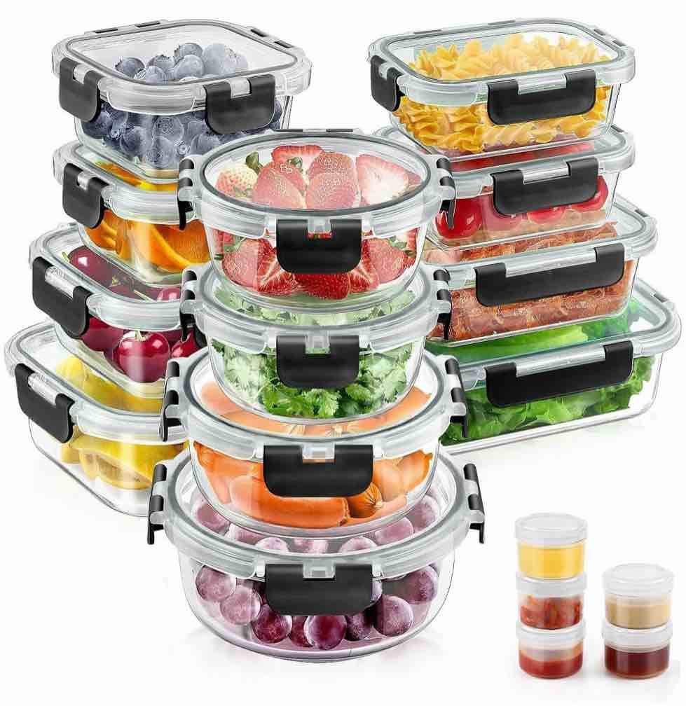 34pcs glass food storage containers with lids set, airtight meal prep containers (17 containers & 17 lids), black