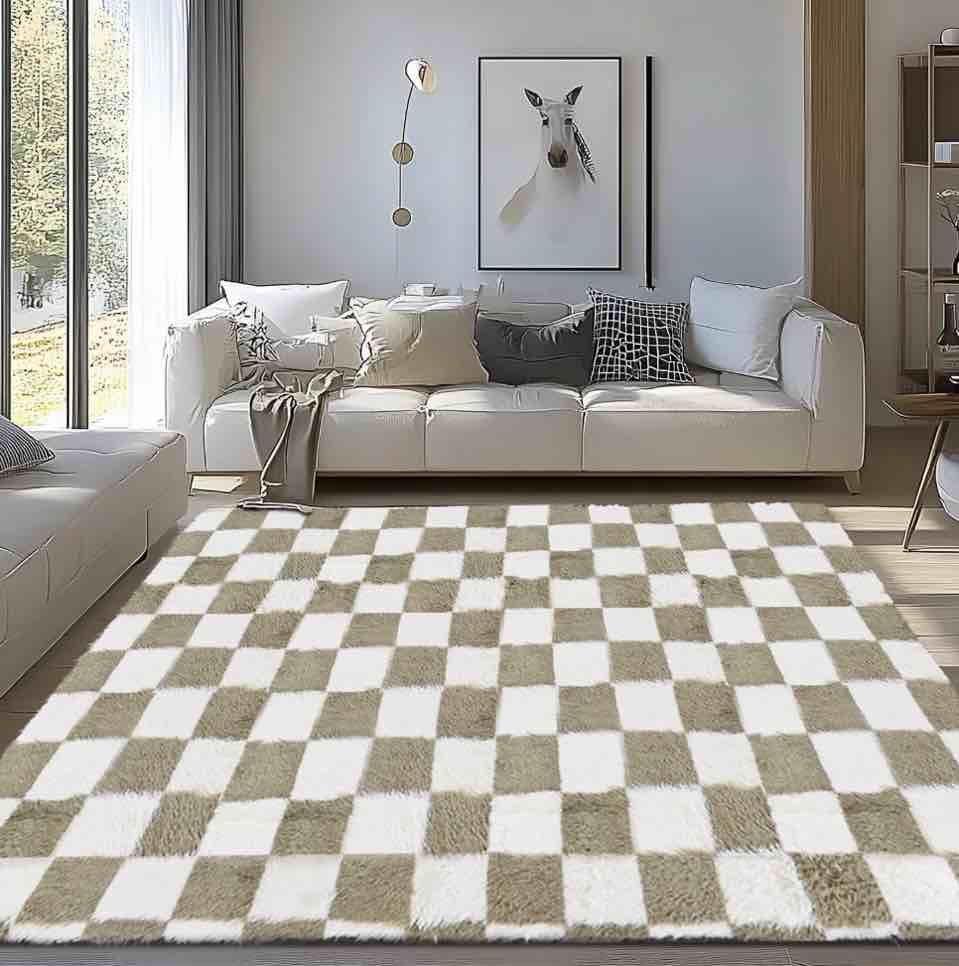 pentantan 8ft x 10ft shag area rugs for living room, classic checkered fluffy bedroom carpet, beige & white