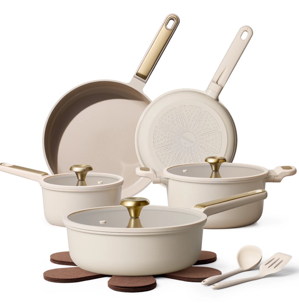 carote 14-piece pots and pans set, ceramic nonstick cookware set with utensils,induction compatible, taupe