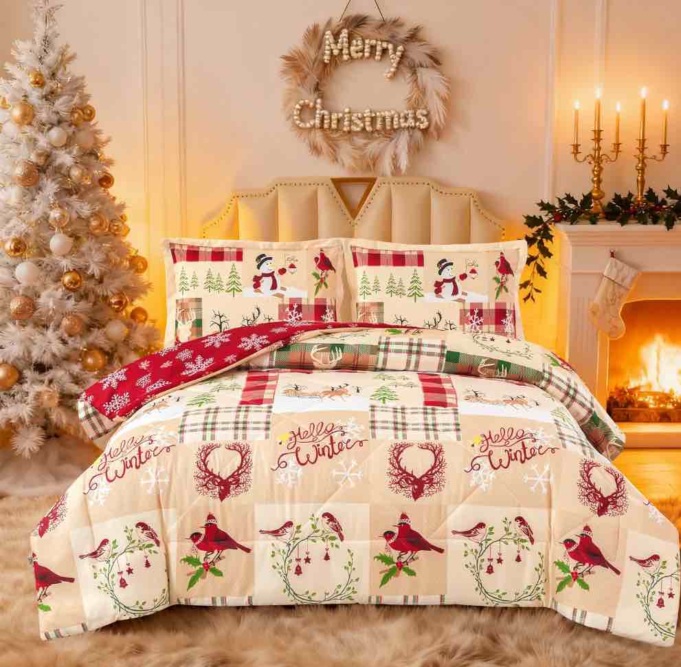 Jessy Home 3 Piece Queen Christmas Comforter Set Christmas Quilt Snowman Deer Xmas Bedding Set Microfiber Patchwork Bedspread Christmas Gifts