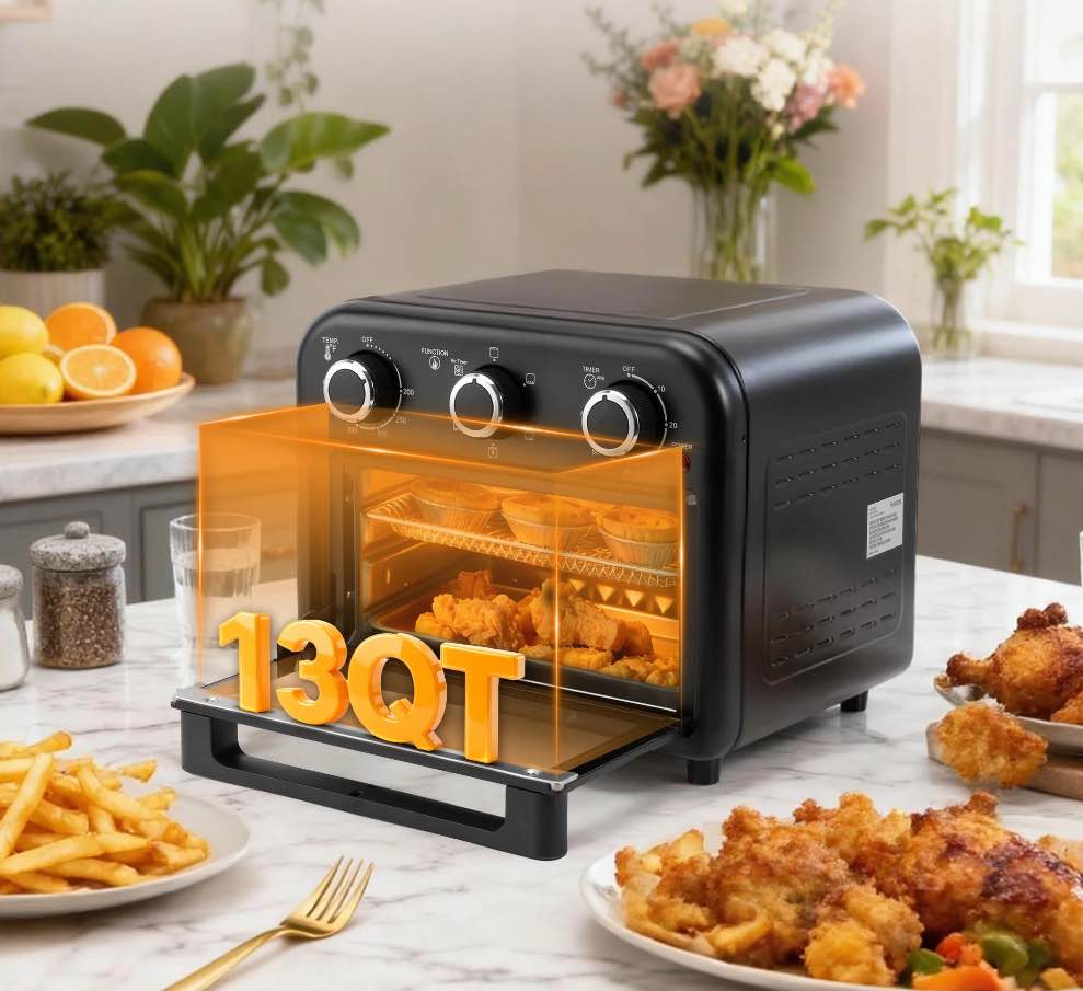 VUSIGN 1300W 6-in-1 Air Fryer Toaster Oven with Convection, 13QT, Oil-Less Air Fry, Roast, Bake Broil Toast, Timer, Stainless Steel, Black