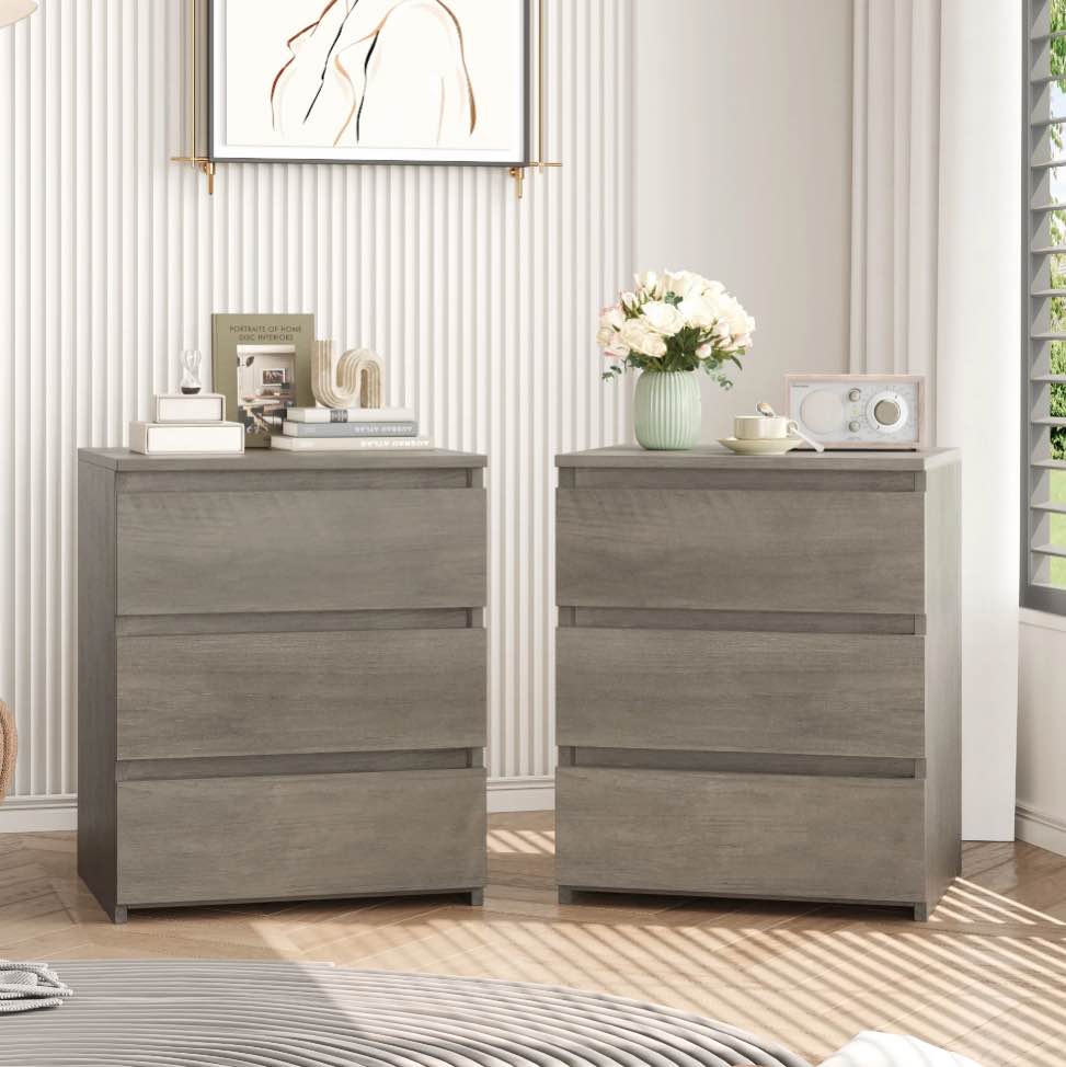 Homfa 3 Drawers Nightstand Set of 2, Small Sofa Table, Wooden Storage Cabinet for Living Room, Wash Gray