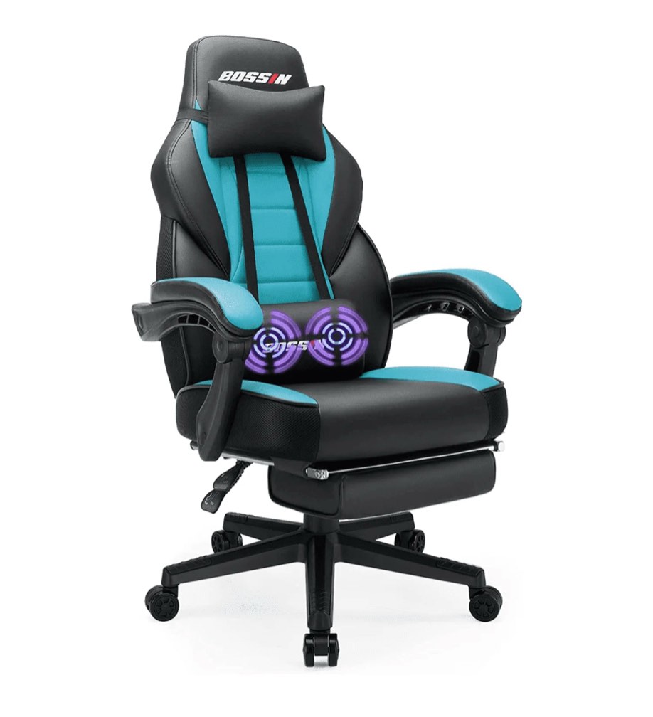 Bossin Gaming Chairs with Footrest  Massage Leather Game Chair for Adults  Big and Tall Gamer Chair with Headrest and Lumbar Support