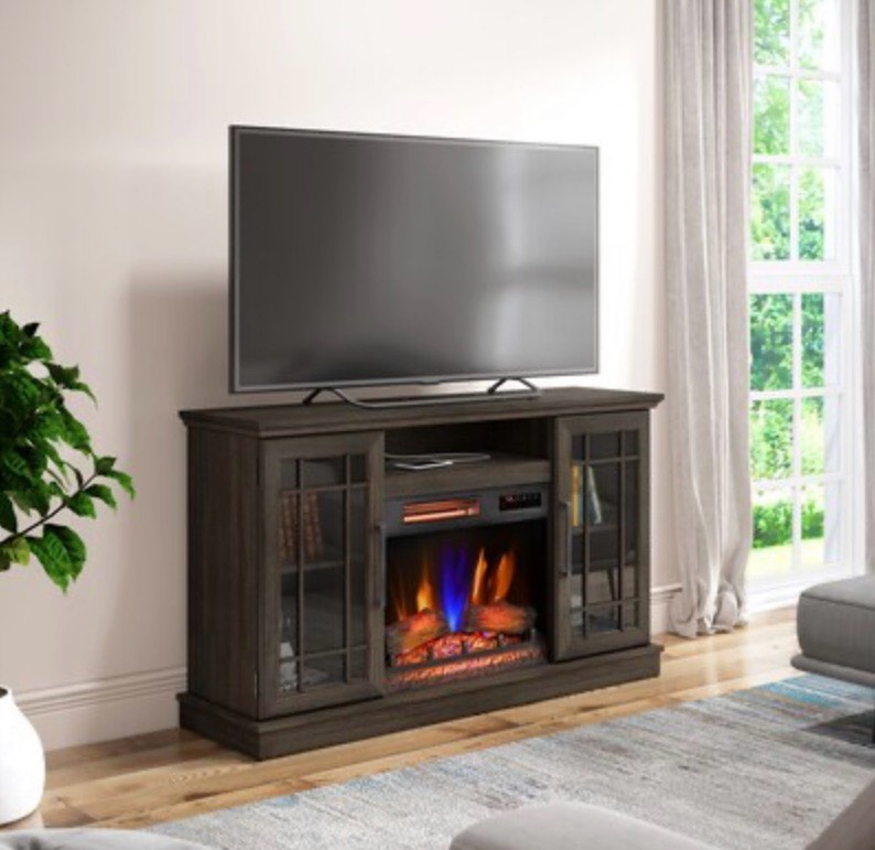 allen + roth 54-in w waverly oak tv stand with infrared quartz flat wall with remote control
