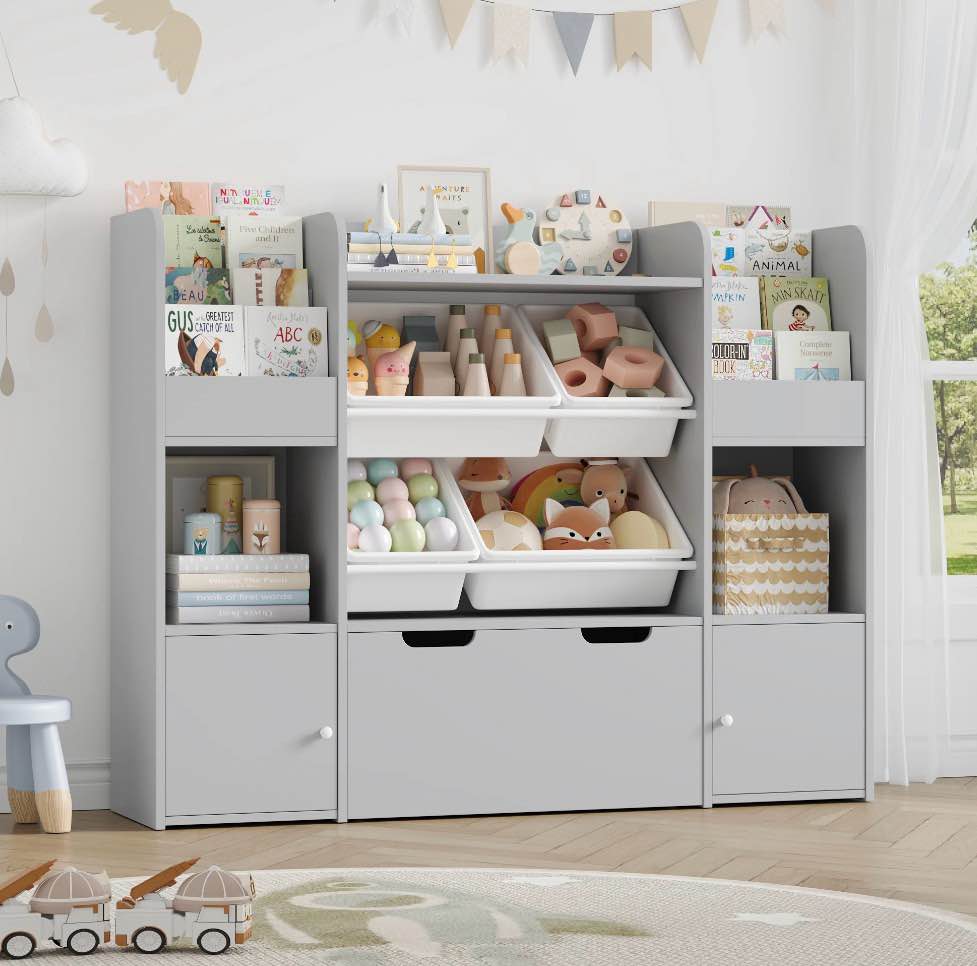 Hiphuta Kids Bookcase Toy Storage Organizer, Wooden Toy Organizer of 4 Bins& 2 Removable Drawers for Home Bedroom, Kids Bookshelf Toy Box with Book Rack, Gray