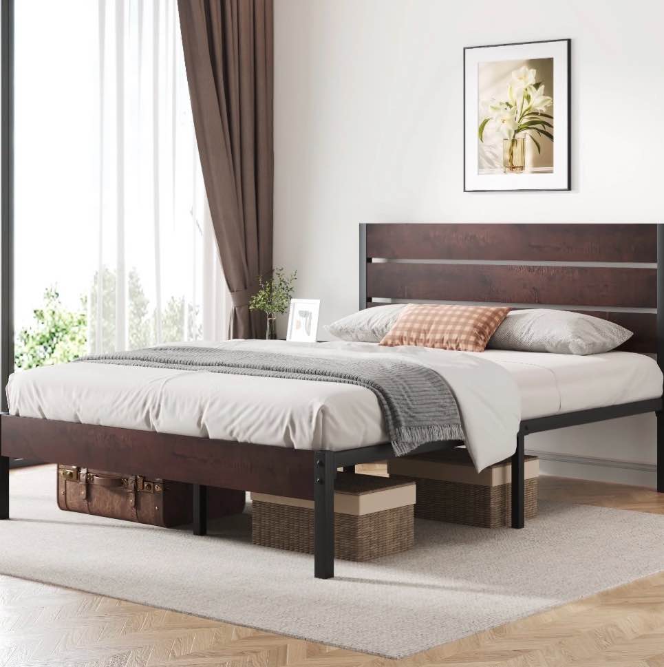 Lifezone Queen Bed Frame with Rustic Vintage Wood Headboard and Footboard,Metal Support, VintageBrown