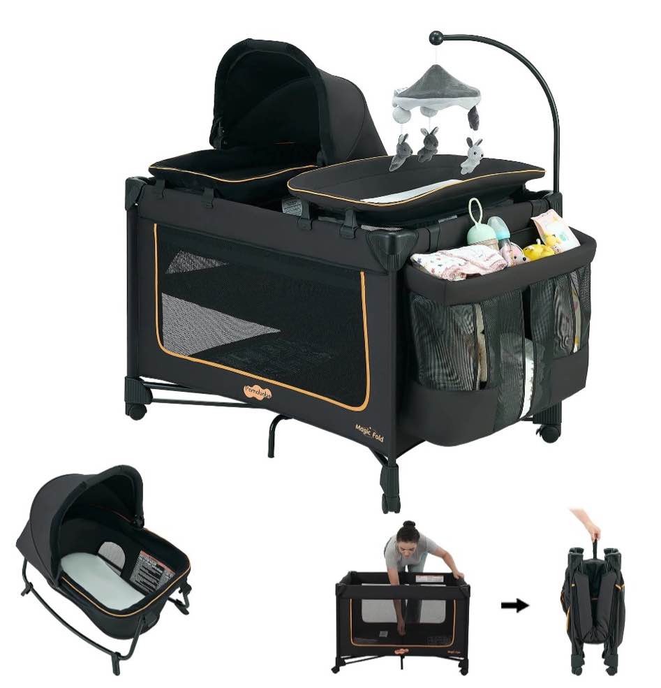 Pamo Babe Baby Playard Magic Fold 1 Step Bassinet & Changing Table for Newborn, 4-Panels (Black)