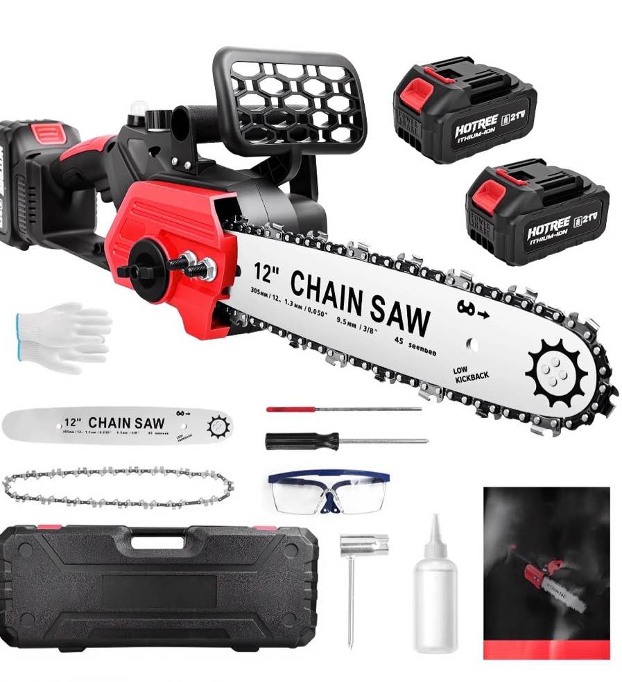 hotree 12 inch cordless chainsaw, 21v electric handheld chainsaw for tree trimming, wood cutting, outdoor yard work