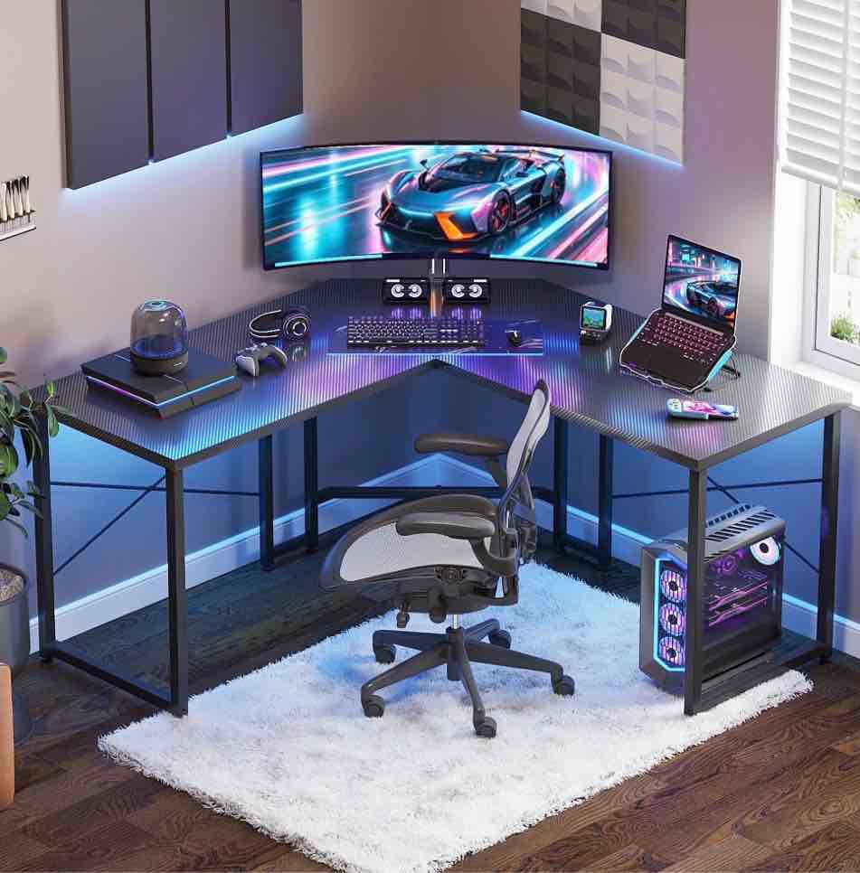 Casacomoda Computer Desk L Shaped, 51 Inch Reversible L Shaped Desk, Gaming Desk, Home Office Desk, Carbon Fiber Black